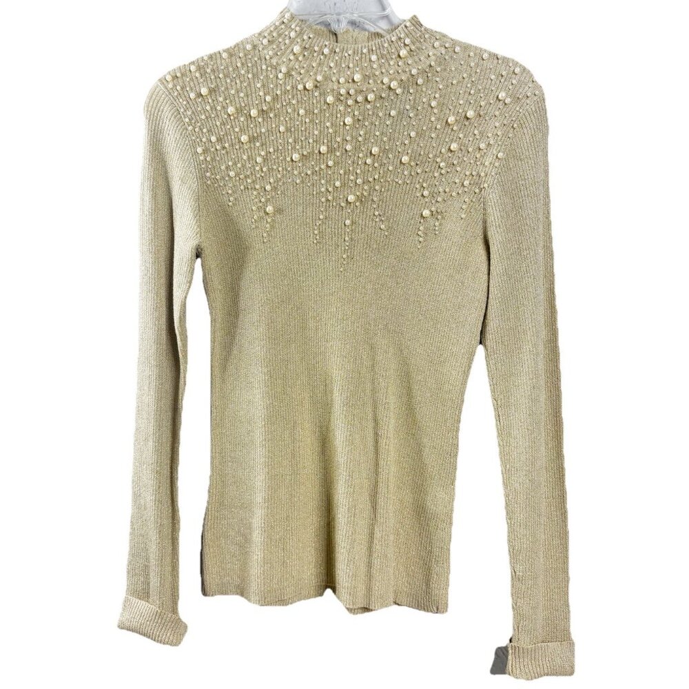 VTG 23rd St Beaded Pearl Medium Golf Cotton/Metallic Long Sleeve Sweater EUC